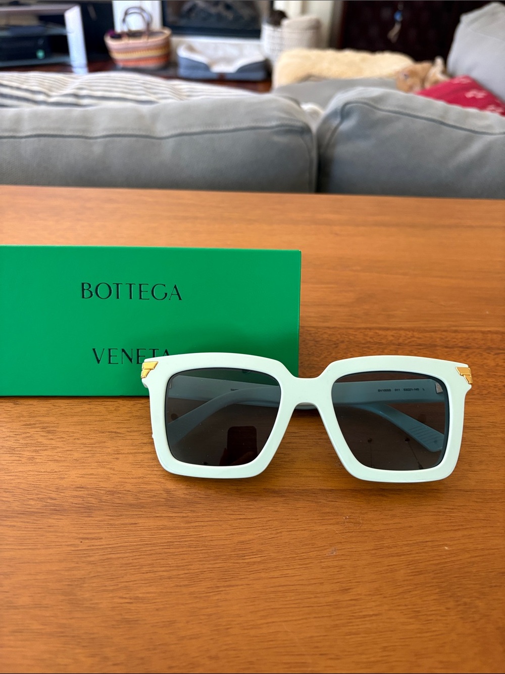 Bottega Veneta Mint Square-Frame Sunglasses with Gold Accents